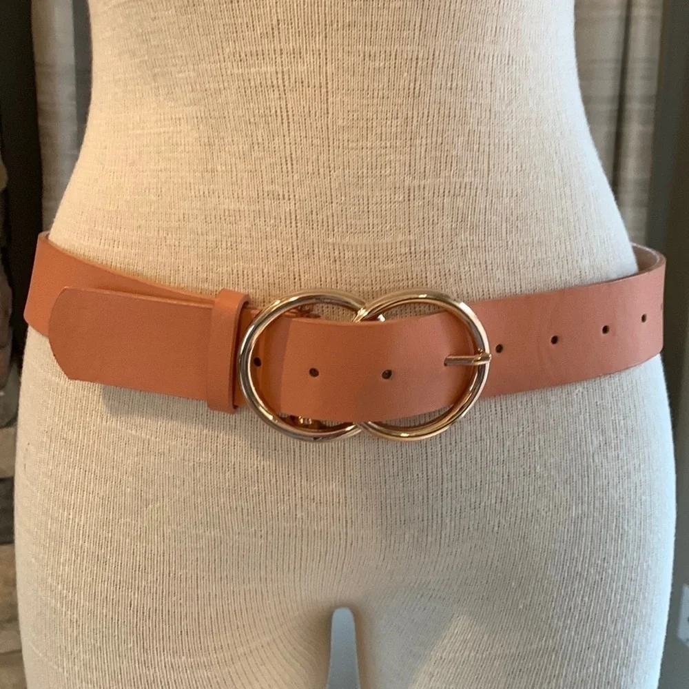 Faux leather peachy tan belt with gold buckle detail